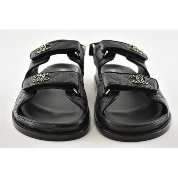 Chanel REV Black Caviar Gold CC Logo Mule Slide Strap Flat Teva Dad Sandal 39 - Picture 7 of 12